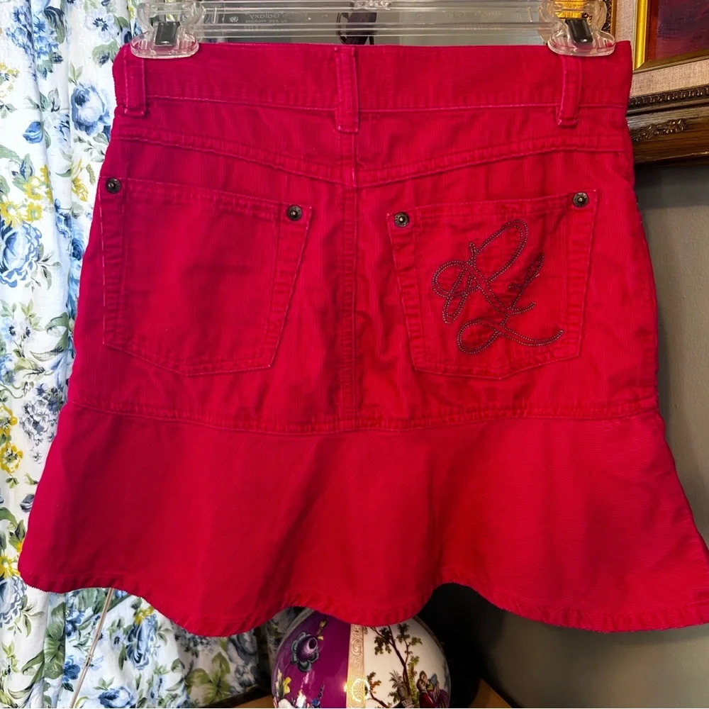 Ralph Lauren Pink Ruffle Flared Embroidered Corduroy Skirt
